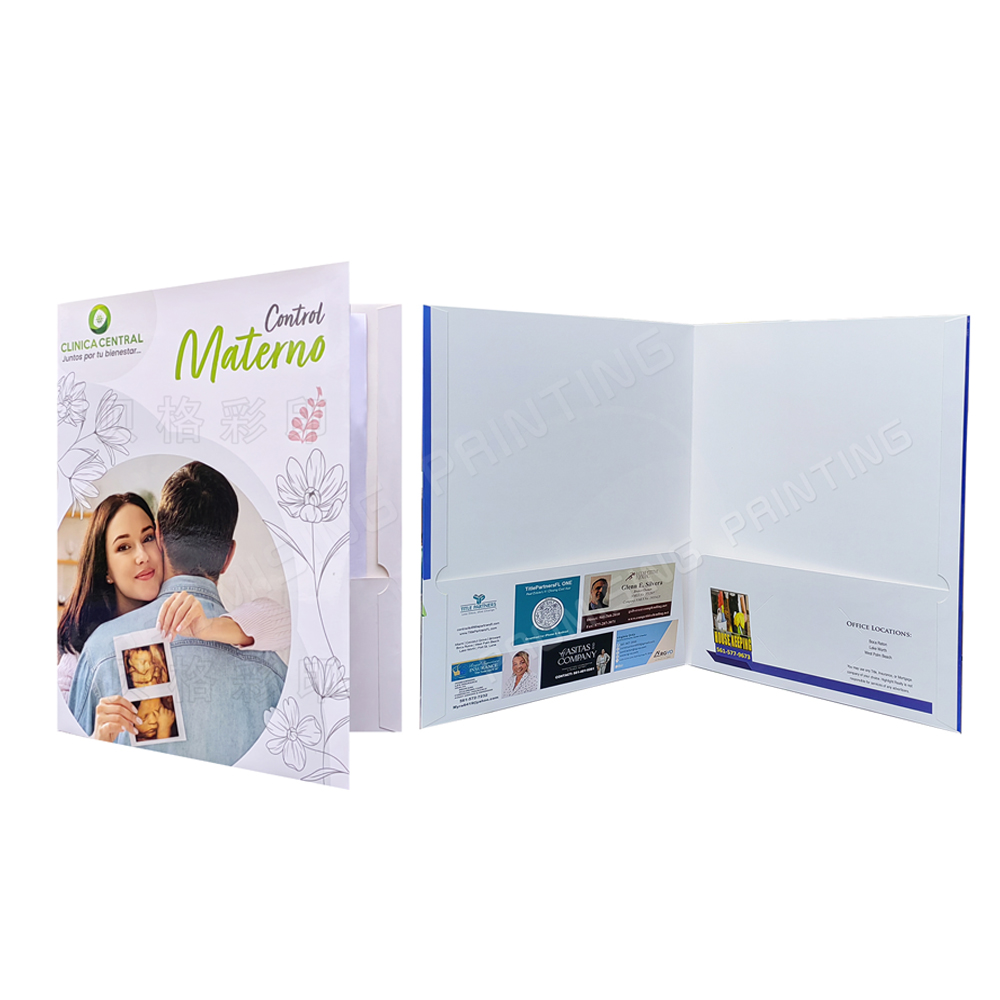 Custom Logo A3 White Cardboard Eco-friendly Waterproof Oilproof Presentation 2-Pocket File Folder with Business Card Slot
