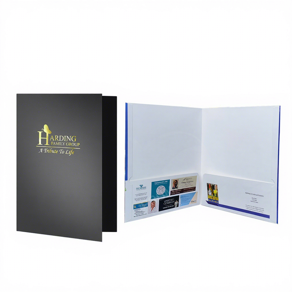 China Factory Custom A4 Eco-friendly Waterproof Paper Folding Gold Stamp Presentation Document Folder Pocket Design Business