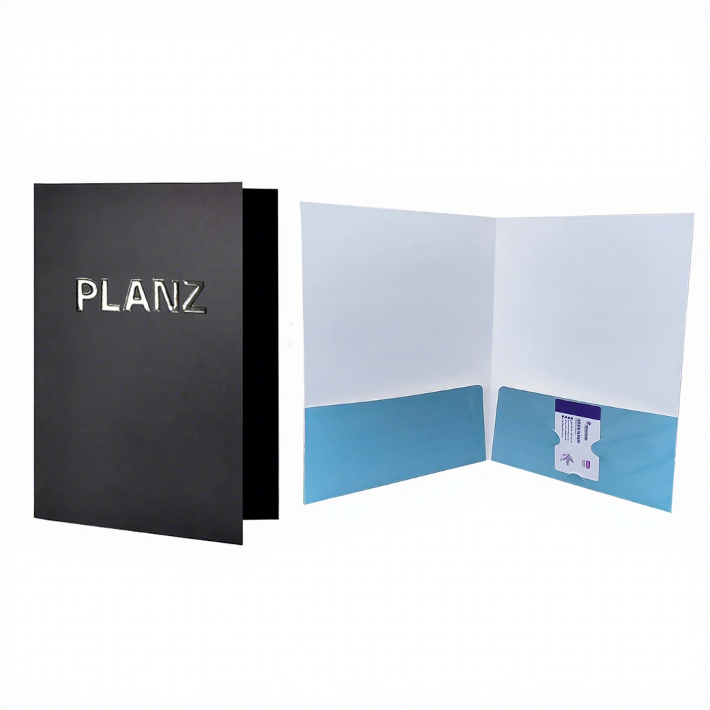 Black Eco-friendly Waterproof Cardboard A4 Double Pocket Presentation File Folder with Business Card Slot Custom CMYK Printing